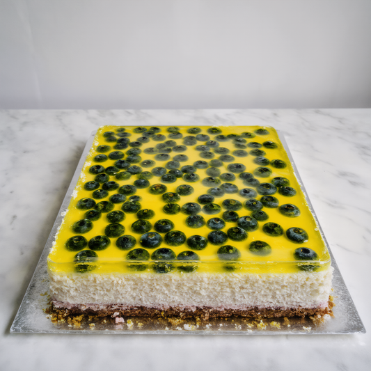 Freshly baked cake with blueberries and jelly from the Happy Family Bakery