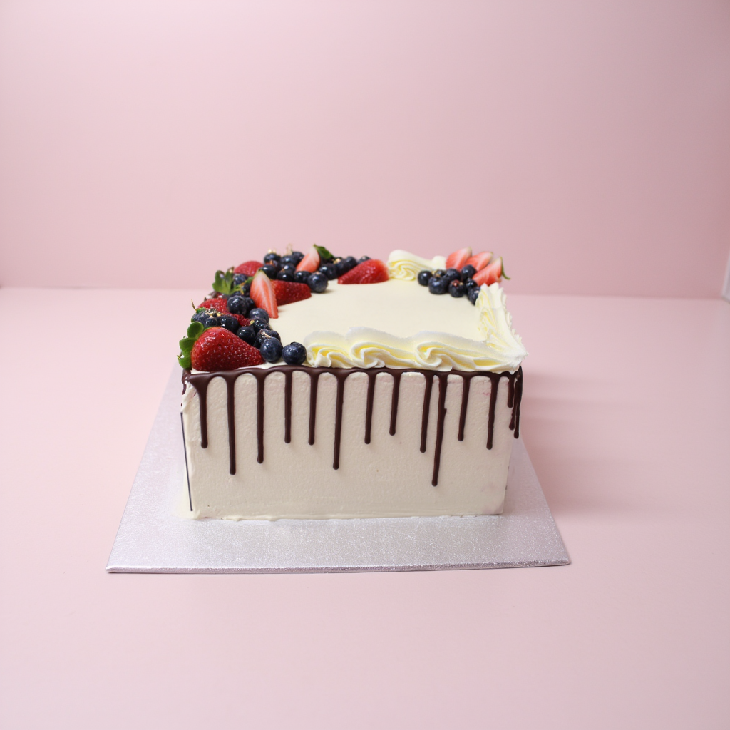 Square cake with fruit toppings and chocolate drizzle on a pink background