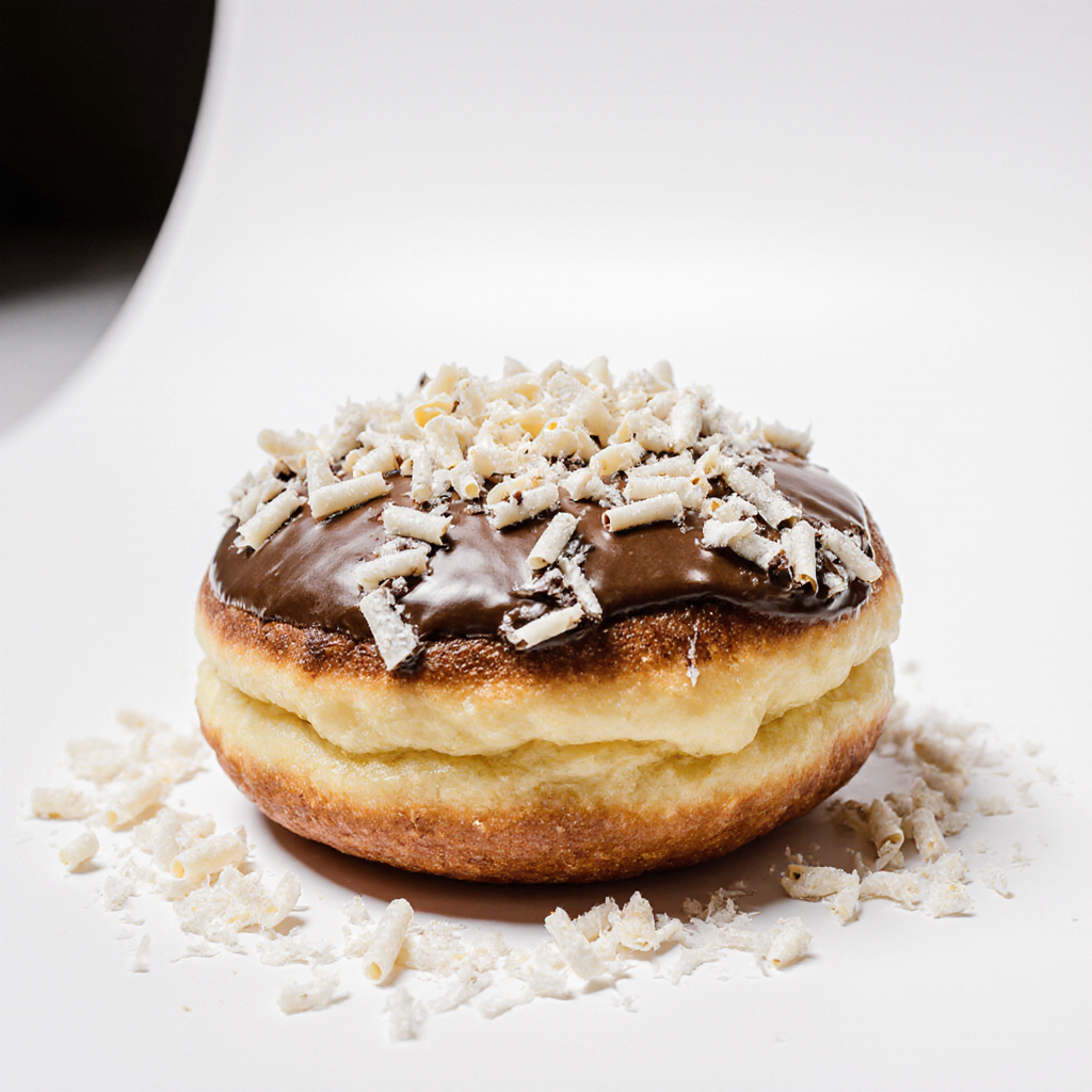 A donut from The Happy Family Bakery
with chocolate filling, covered in chocolate and topped with white chocolate shavings.