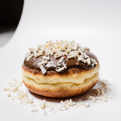 A donut from The Happy Family Bakery
with chocolate filling, covered in chocolate and topped with white chocolate shavings.