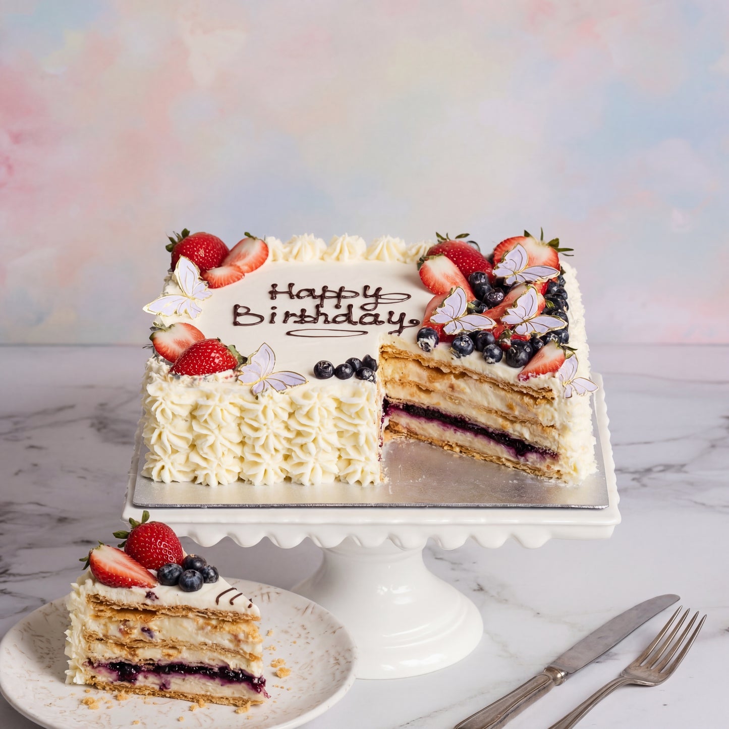 Decorated cake with a Napoleon cake base from the Happy Family bakery