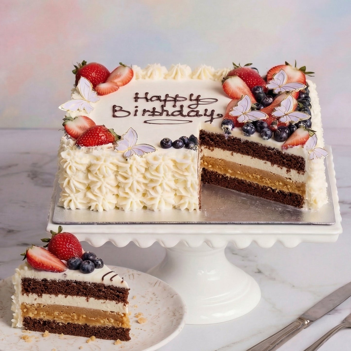 Decorated cake with a Snickers cake base from the Happy Family bakery