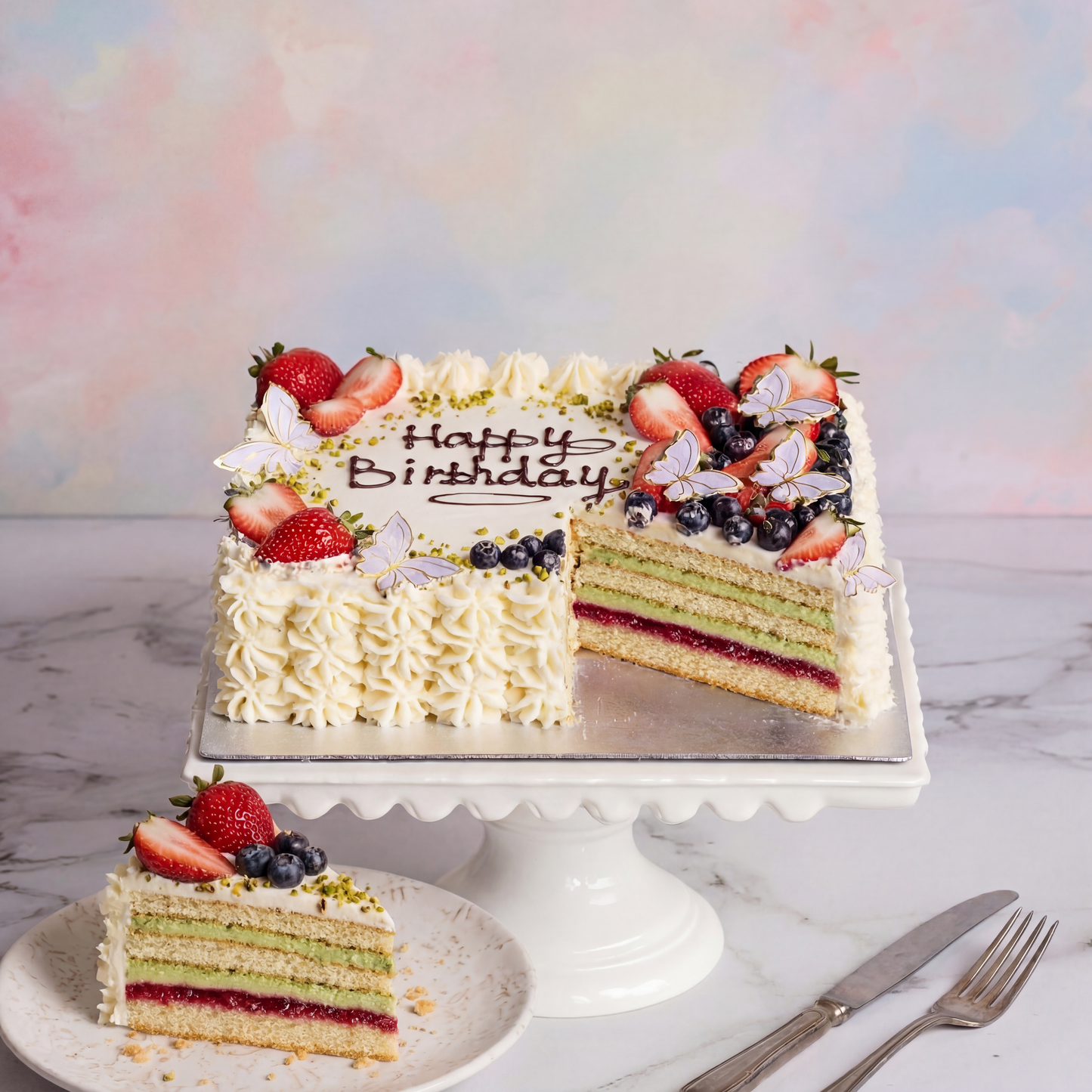 Decorated cake with pistachio cake base from the Happy Family bakery