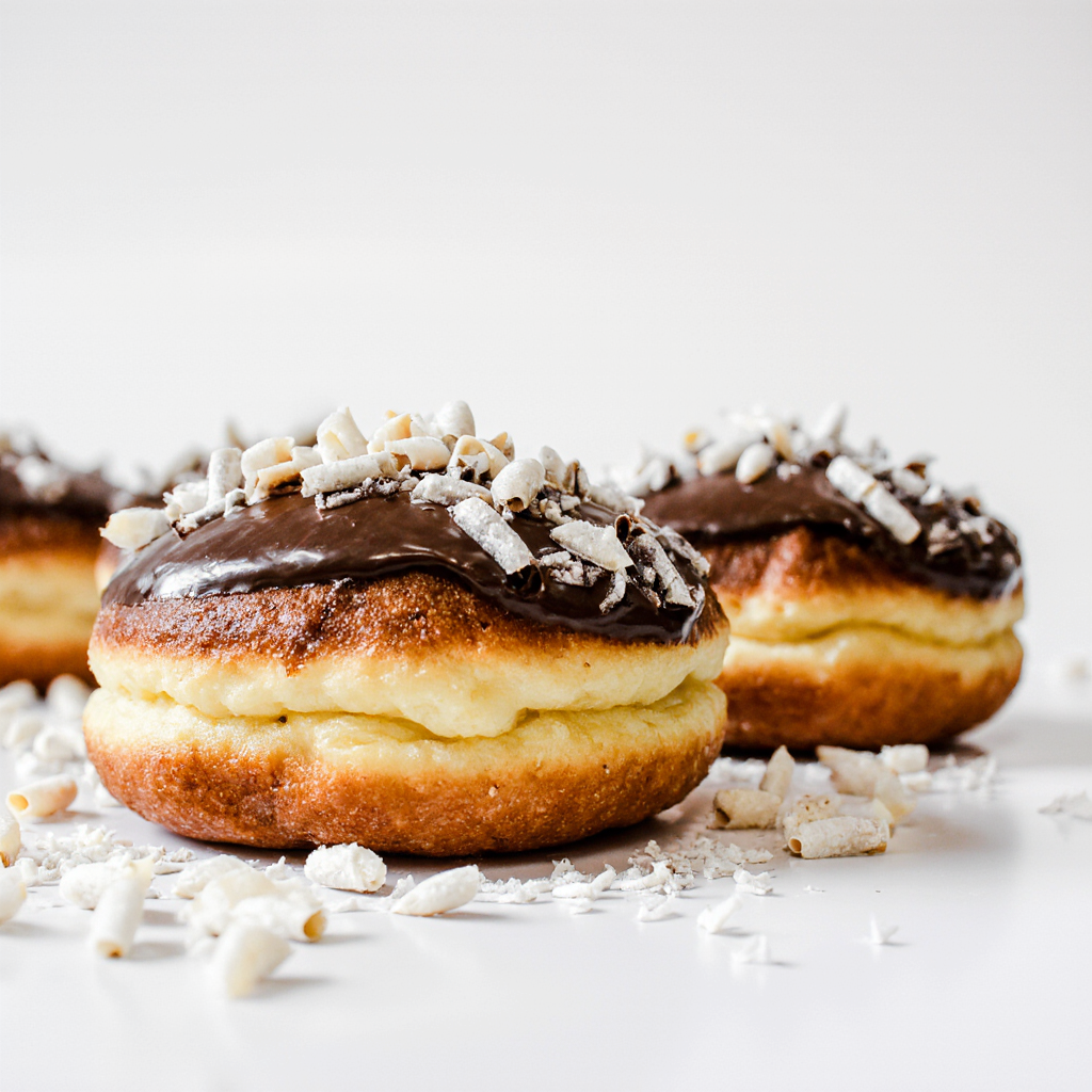 fresh Donut from The Happy Family Bakery
with chocolate filling, covered in chocolate and topped with white chocolate shavings.