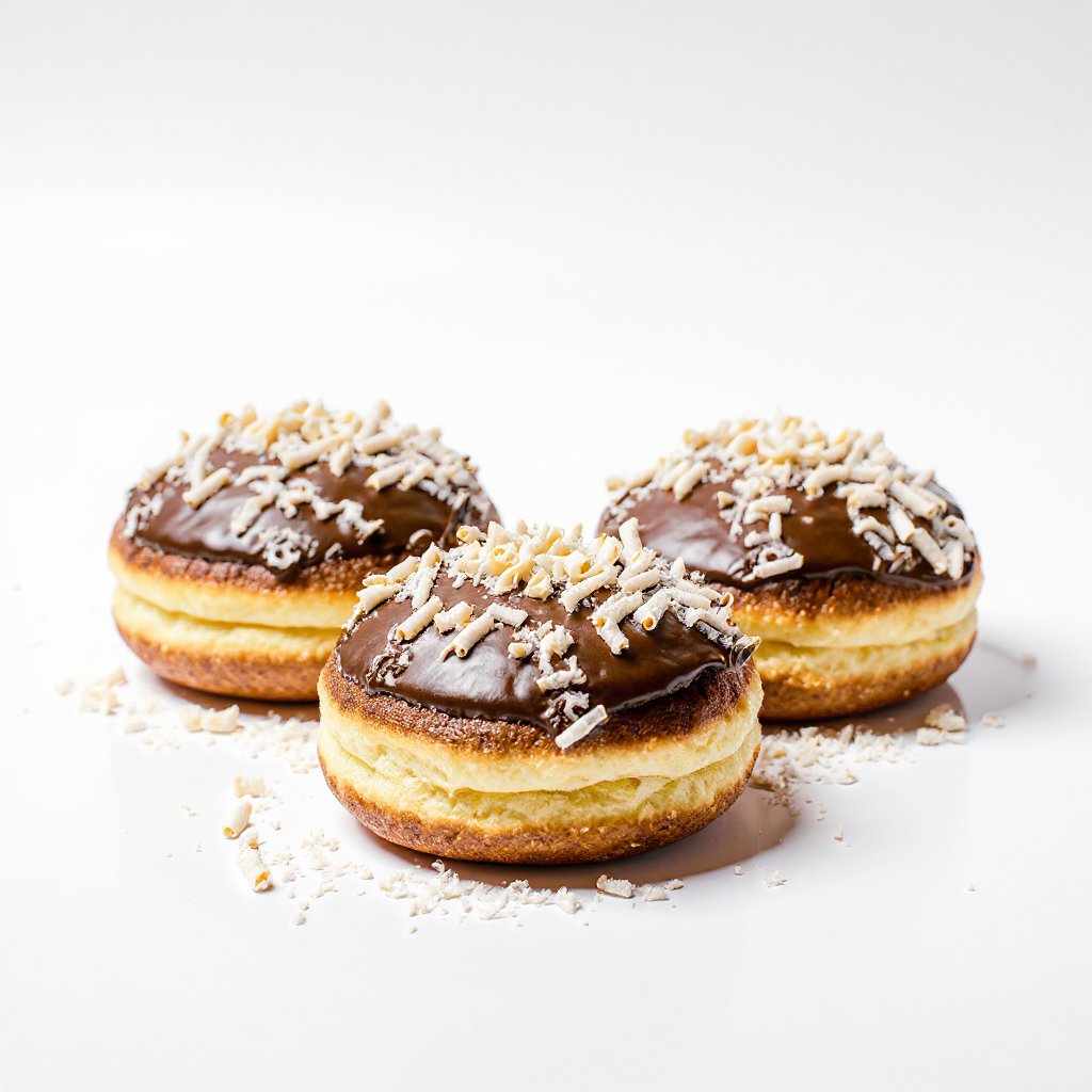 A donut from The Happy Family Bakery
with chocolate filling, covered in chocolate and topped with white chocolate shavings.