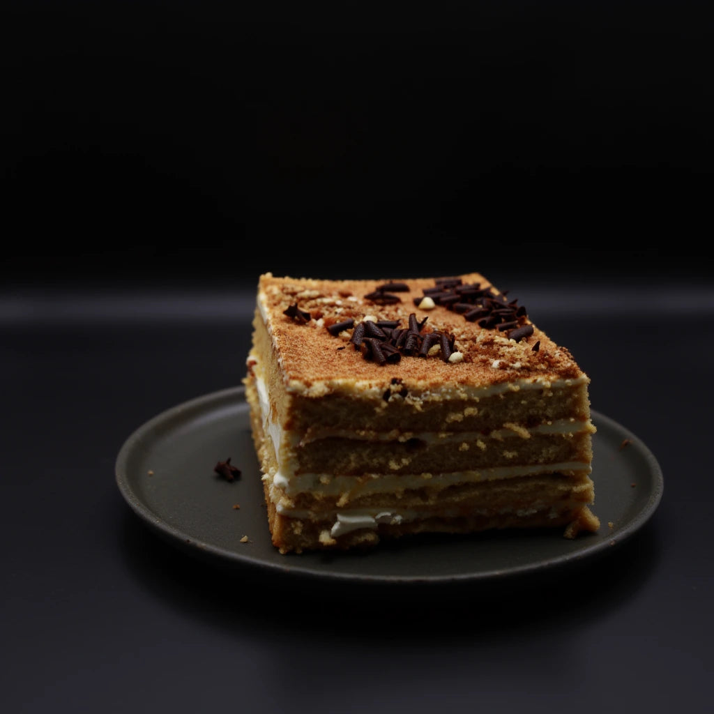 Handmade honey cake with layers of honey sponge cake and cream layers made at a bakery in Dublin Ireland