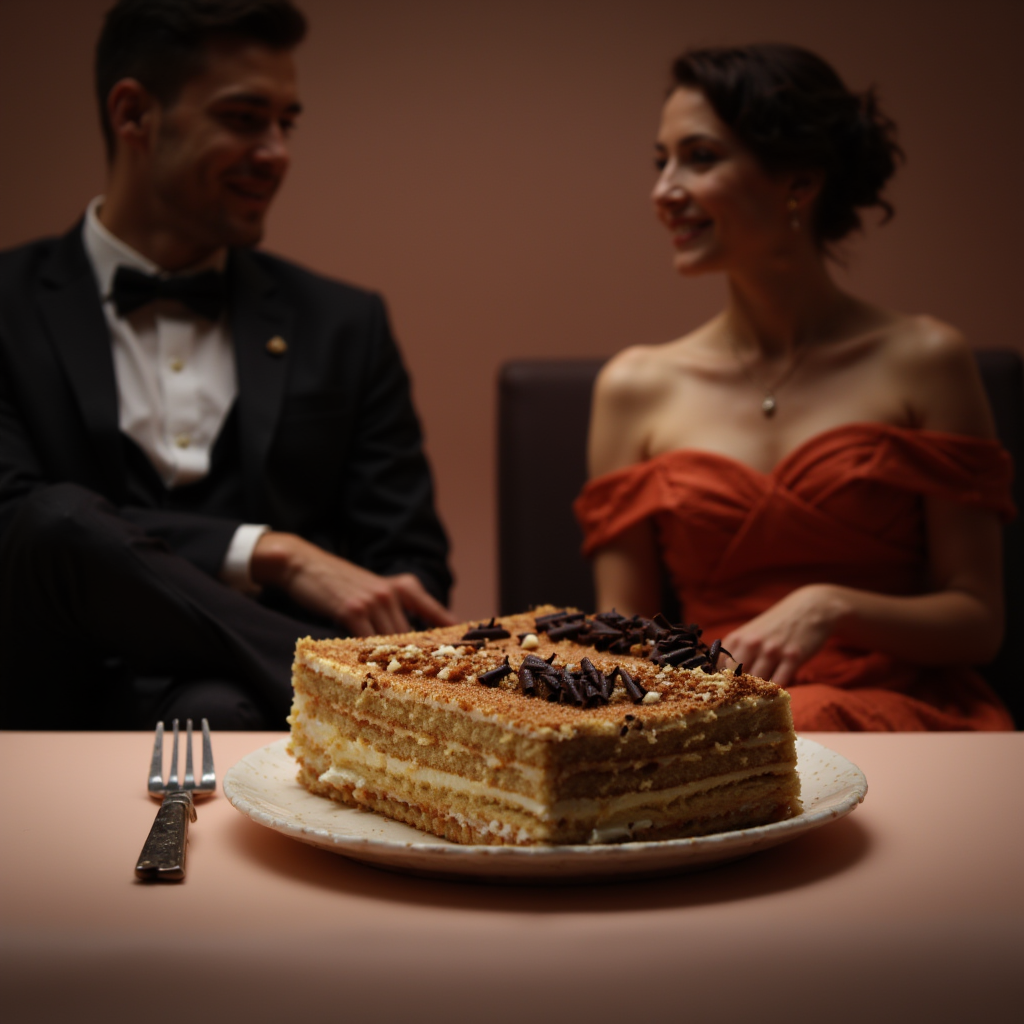 Handmade honey cake with layers of honey sponge cake and cream layers made at a bakery in Dublin Ireland