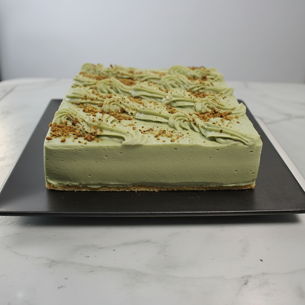 Pistachio cake, Green layered cake with decorative frosting on a black background