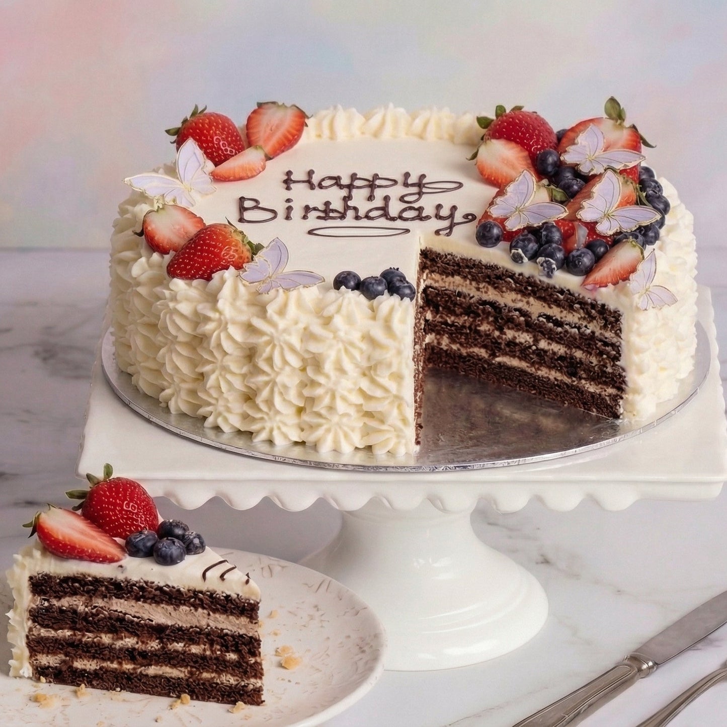 Round decorated Cream & Berry Celebration Cake with Oreo cake base from the Happy Family bakery
