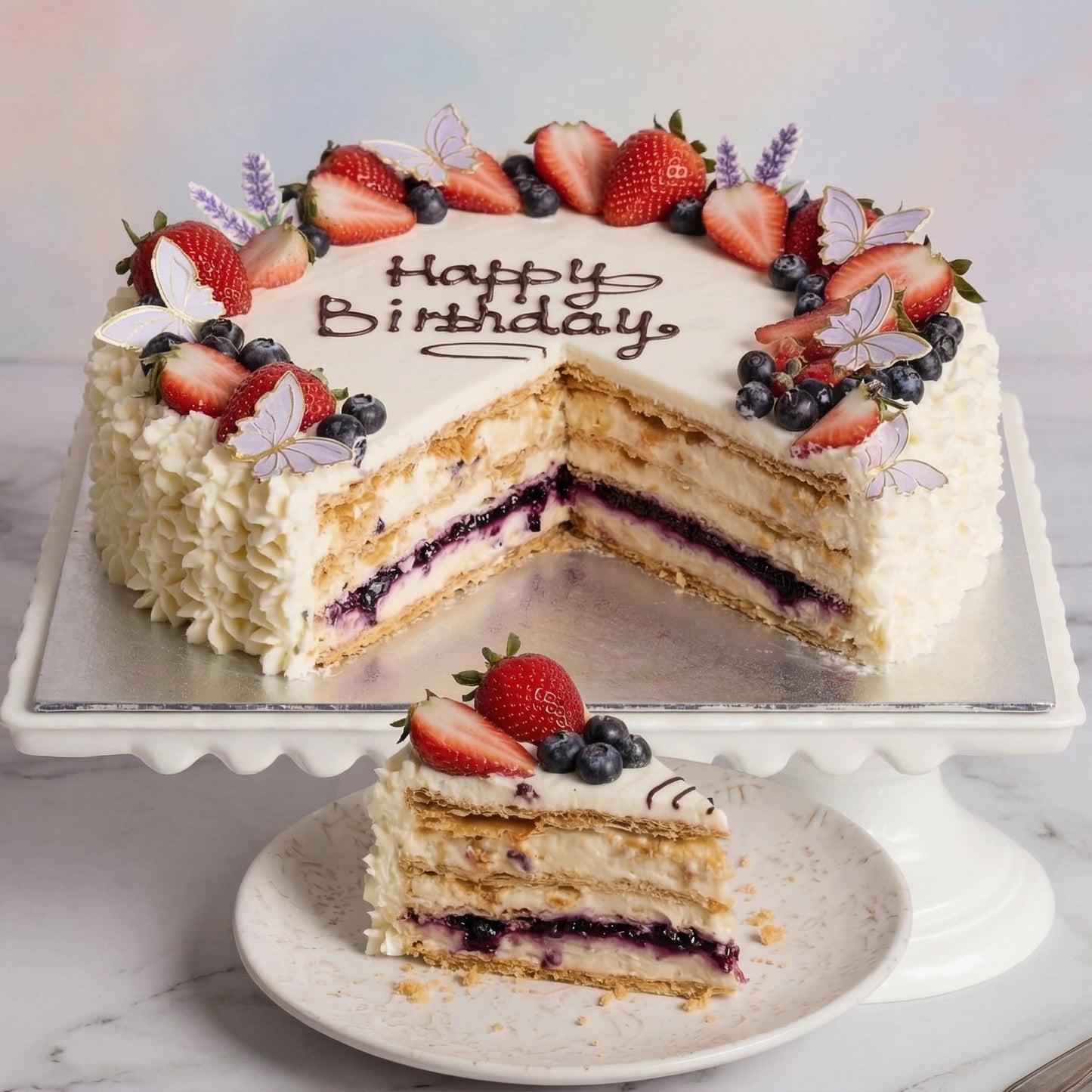 Round decorated Cream & Berry Celebration Cake with a Napoleon cake base from the Happy Family bakery