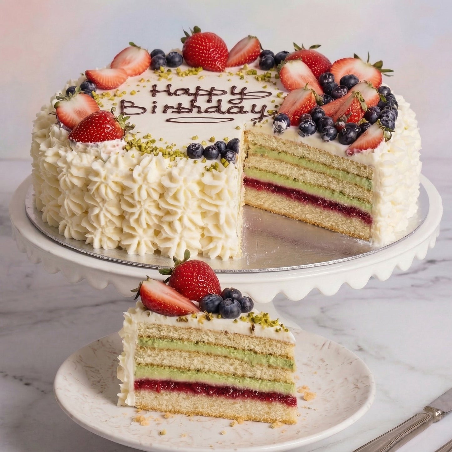 Round decorated cream and berry festive cake with a pistachio Oreo cake base from the Happy Family bakery