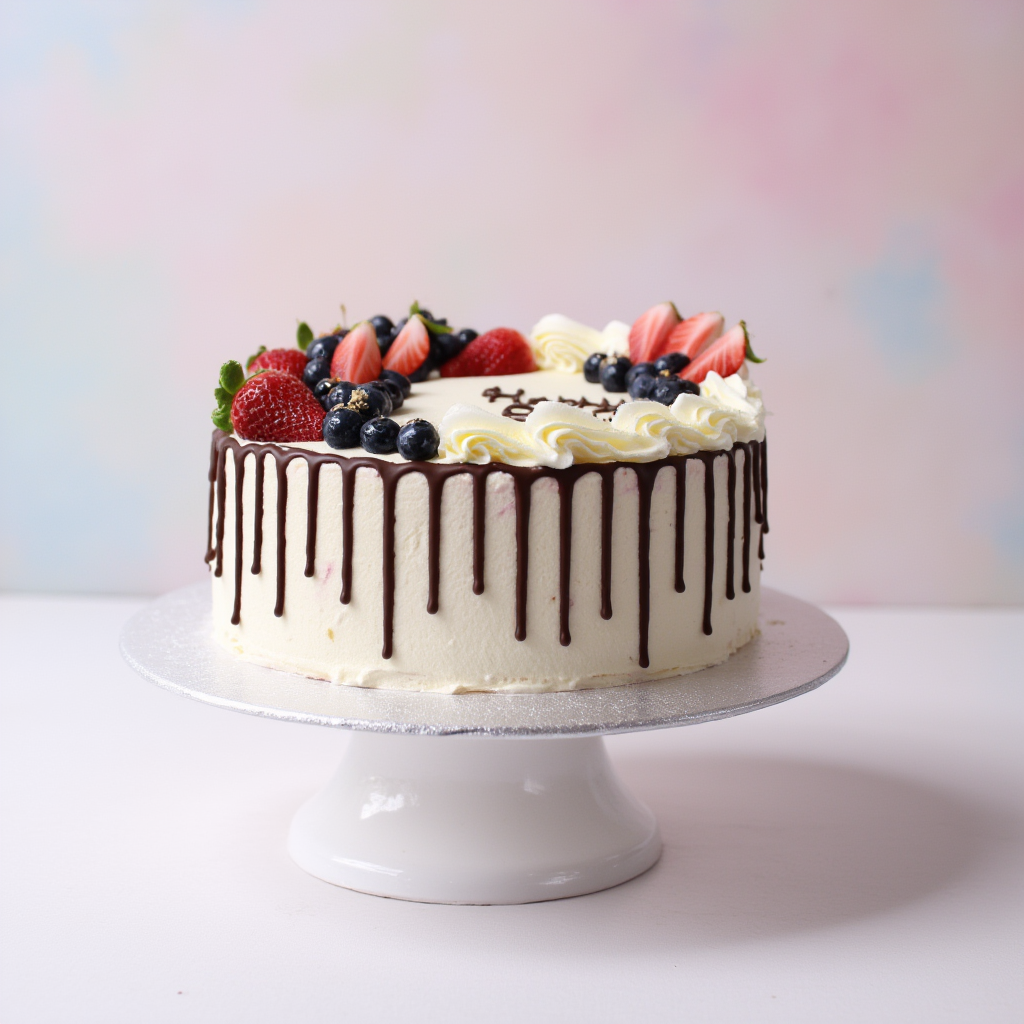 Decorative cake with berries on a white stand against a light background