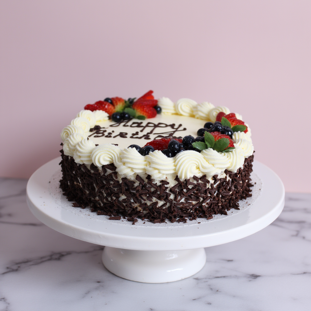 Birthday cake with white frosting, berries, and 'Happy Birthday' text on a marble surface.