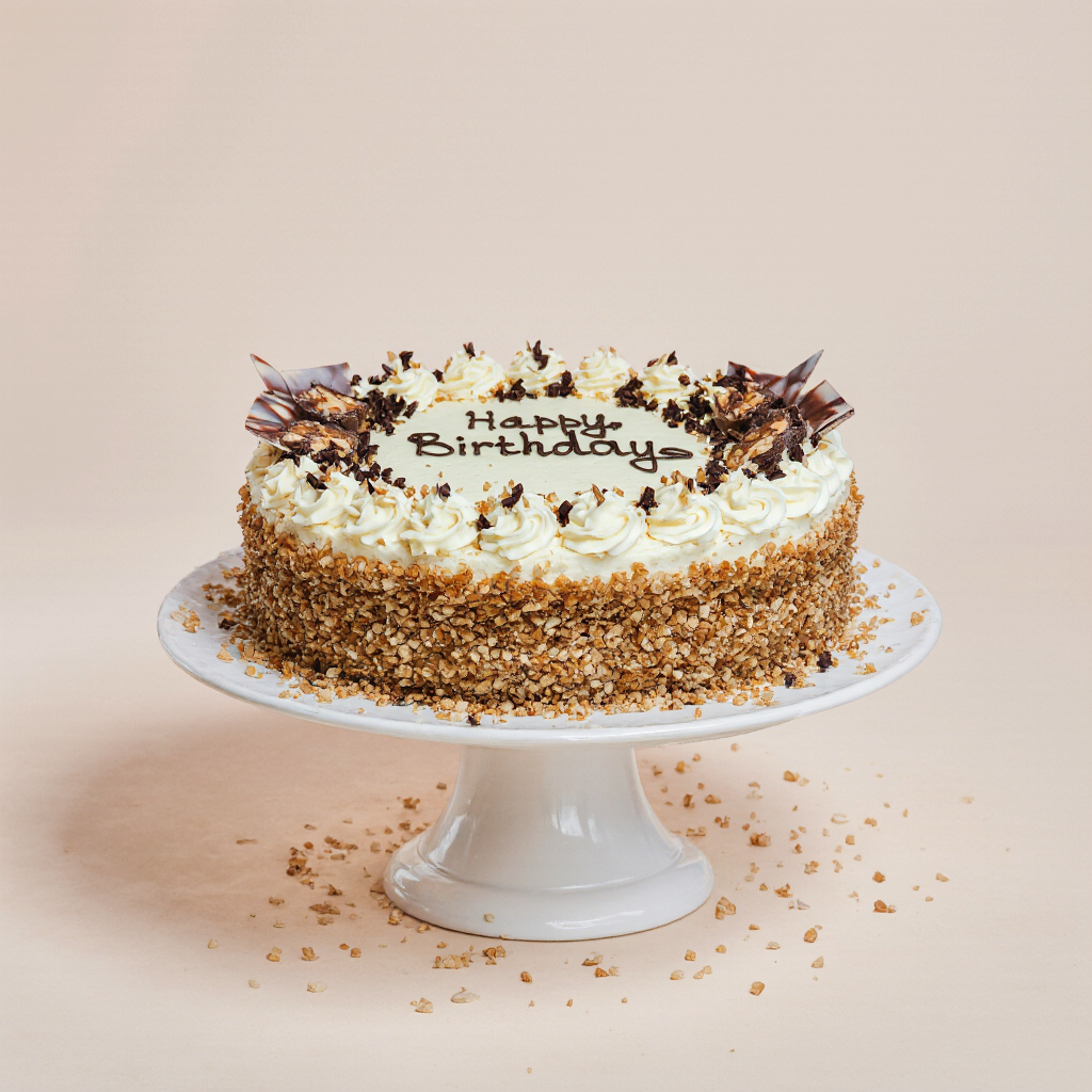 Birthday cake with white frosting and chocolate decorations on a beige background