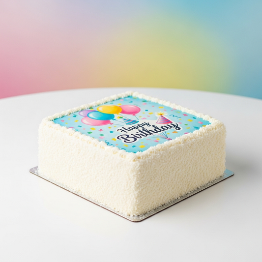 Birthday cake with customized print from the Happy Family Bakery